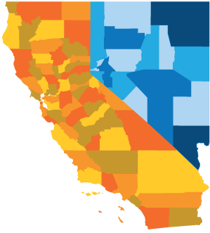 California state graphic with counties defined by shades of orange, brown, and yellow. Nevada state graphic, along side the California state graphic, with counties defined by shades of blue.